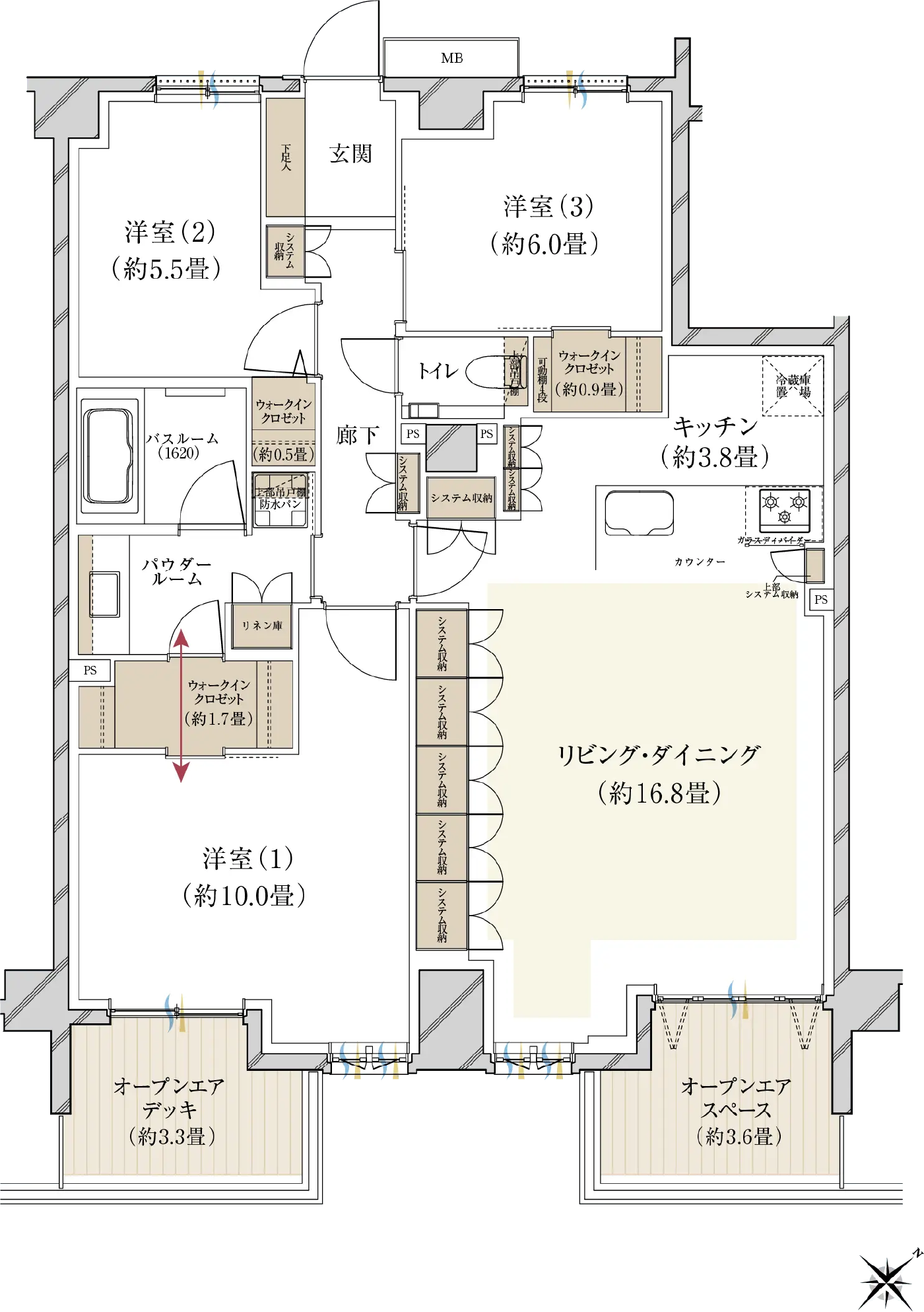 IOStype 3LDK＋OS＋OD＋3W 専有面積/97.30㎡（約29.43坪） □オープンエアスペース面積/5.89㎡（約1.78坪）
□オープンエアデッキ面積/5.49㎡（約1.66坪）